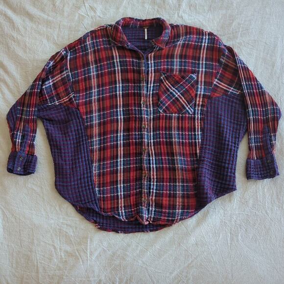Free People Tops - Free People Shirt Medium Red & Blue Plaid Long Sleeve Guaze Knit Tunic Button-up